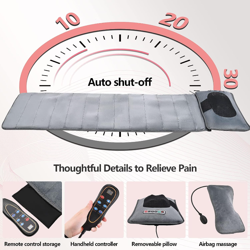 Hlpmedical full body heated massage mattress with 10 vibrating motors for pain relief and relaxation on a gray pillow-shaped mattress.