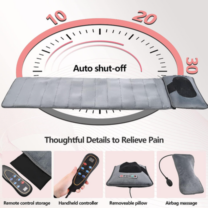 Hlpmedical full body heated massage mattress with 10 vibrating motors for pain relief and relaxation on a gray pillow-shaped mattress.