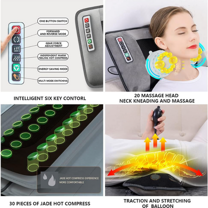 Hlpmedical vibrating massage mat with heated pillows, full-body relaxation, and pain relief features in gray fabric.