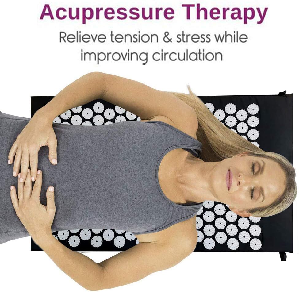 Black Hlpmedical acupressure yoga mat for pain relief, stress reduction, and relaxation during exercise or meditation.