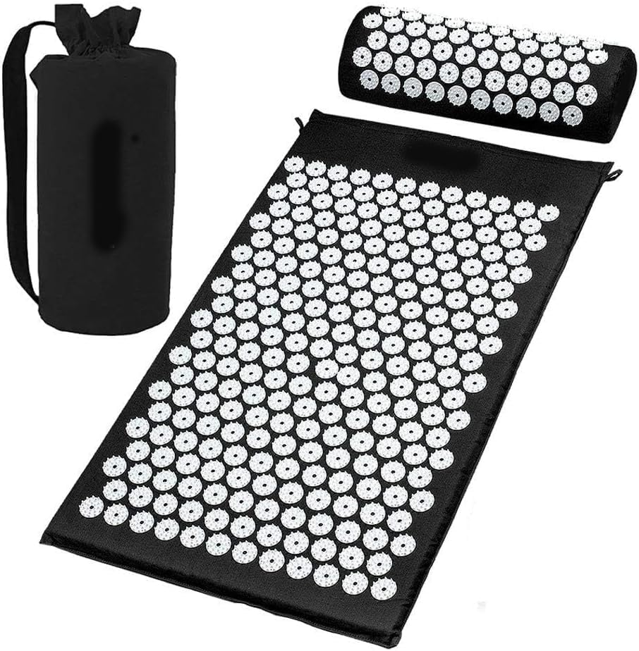 Black Hlpmedical massage acupressure yoga mat for lying and sitting, designed to relieve pain, stress, and soreness during exercise.