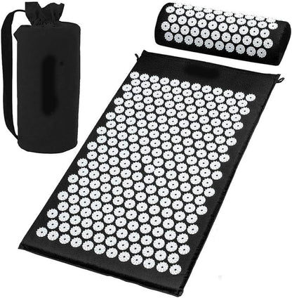 Black Hlpmedical massage acupressure yoga mat for lying and sitting, designed to relieve pain, stress, and soreness during exercise.
