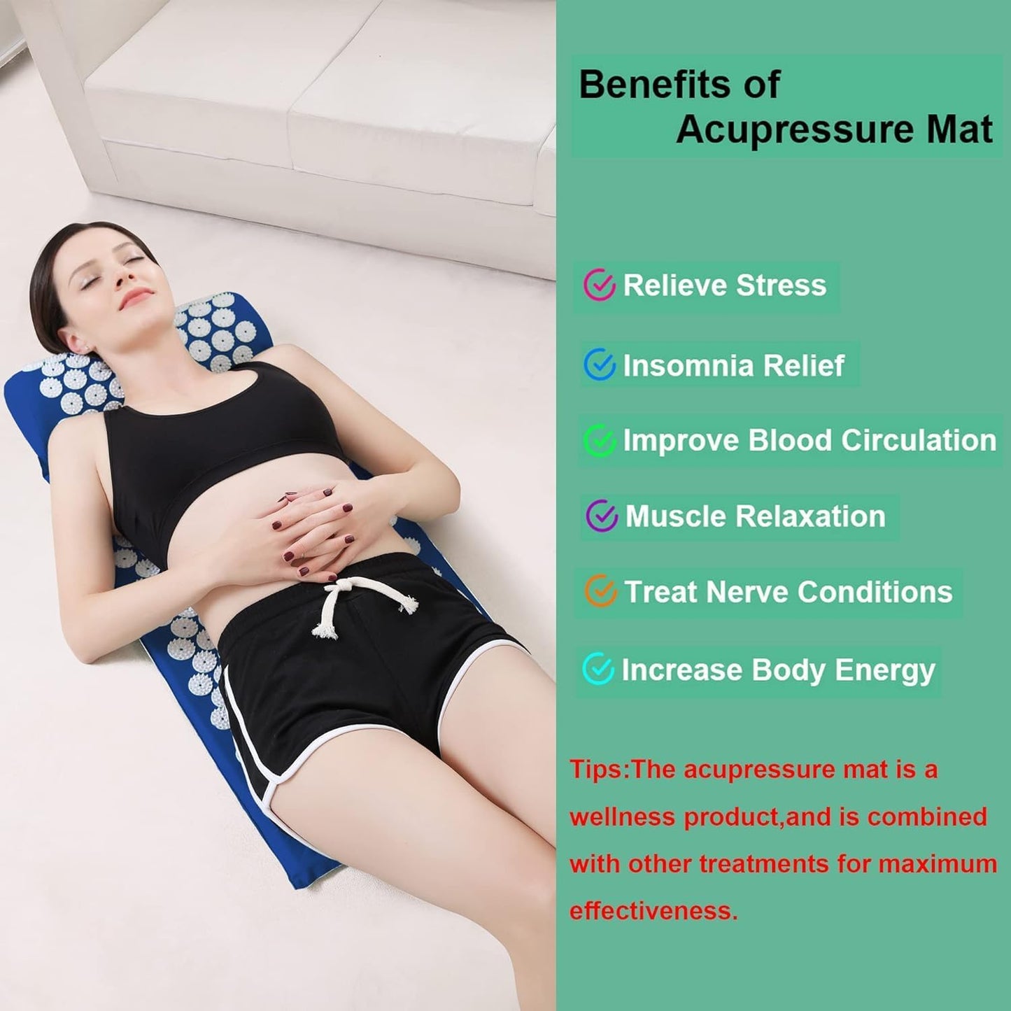 Blue Hlpmedical acupressure yoga mat for pain relief, stress reduction, and relaxation during exercise and stretching routines.