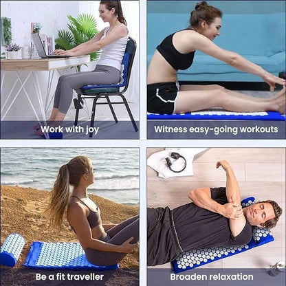 Blue Hlpmedical acupressure yoga mat for pain relief, stress reduction, and relaxation during exercise and meditation sessions.