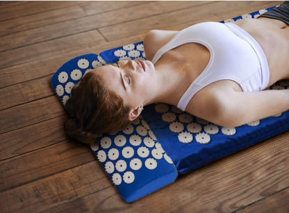 Blue Hlpmedical acupressure yoga mat for relaxation, pain relief, and stress reduction during exercise or yoga sessions.