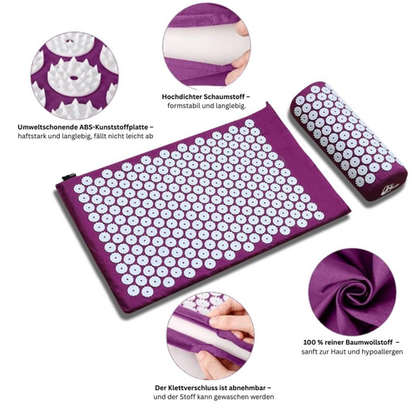 Purple Hlpmedical acupressure yoga mat for relaxation, pain relief, and stress reduction during seated or lying yoga exercises.