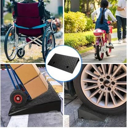 Heavy-duty curb ramp by Hlpmedical for trucks, wheelchairs, cars, and motorbikes, designed for easy vehicle and wheelchair access.