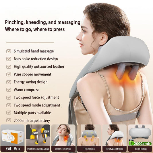 Hlpmedical 5D neck and shoulder massager in grey with heat function, deep kneading for pain relief and relaxation.