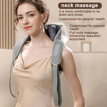 Grey 5D neck and shoulder massager with heat from Hlpmedical, featuring deep kneading massage for pain relief and relaxation.