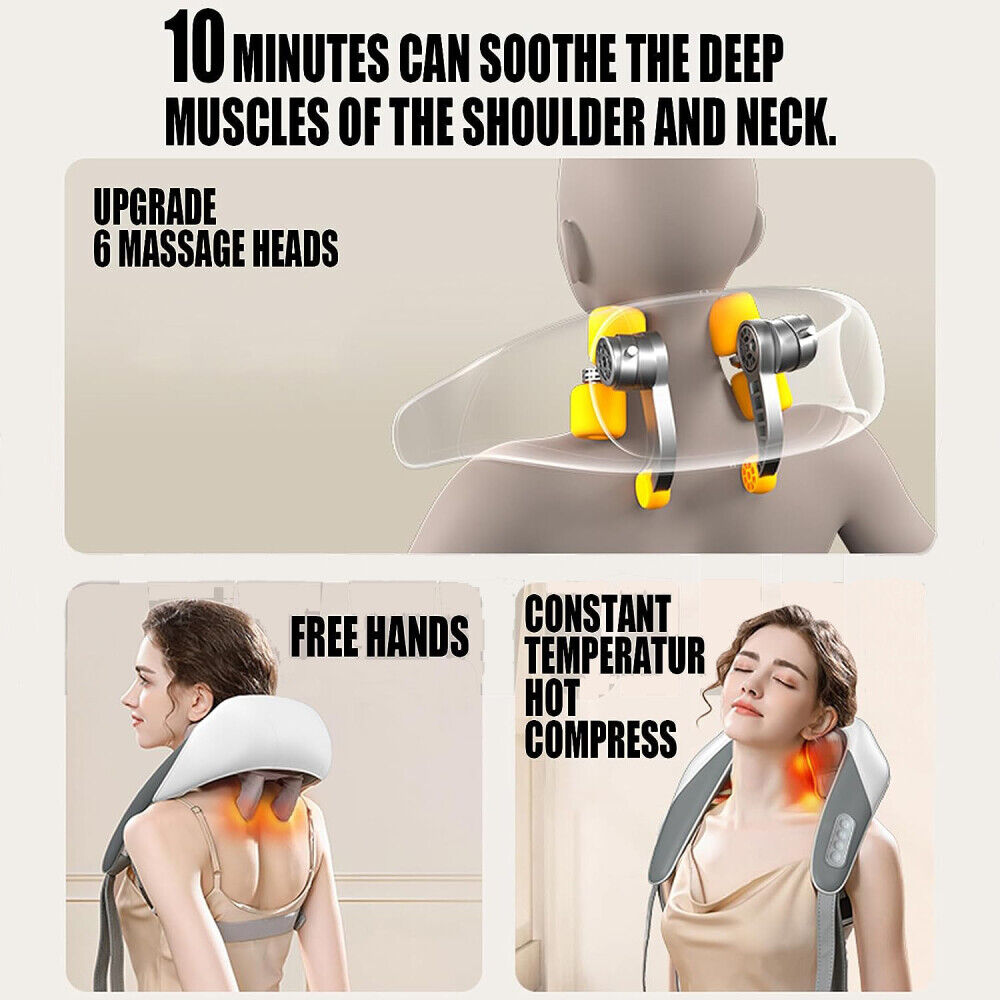 Hlpmedical 5D neck and shoulder massager with heat in grey, featuring deep kneading massage for pain relief and relaxation.