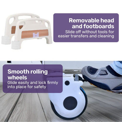 EQUIPMED 4 Function Medical Bed, w/ Mattress & Over Bed Table, Easy Manual Adjustable Back and Leg Incline, IV Pole