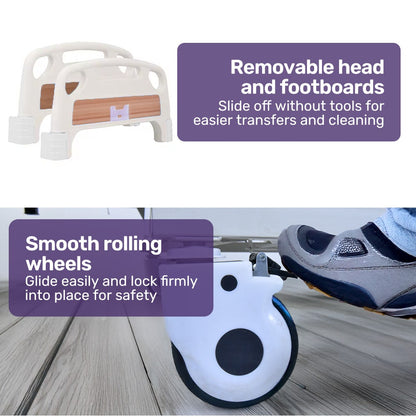 EQUIPMED 7 Function Medical Bed, w/ Mattress & Over Bed Table, Adjustable Back and Leg Lifting, Lateral Tilting, Commode Bowl, IV Pole