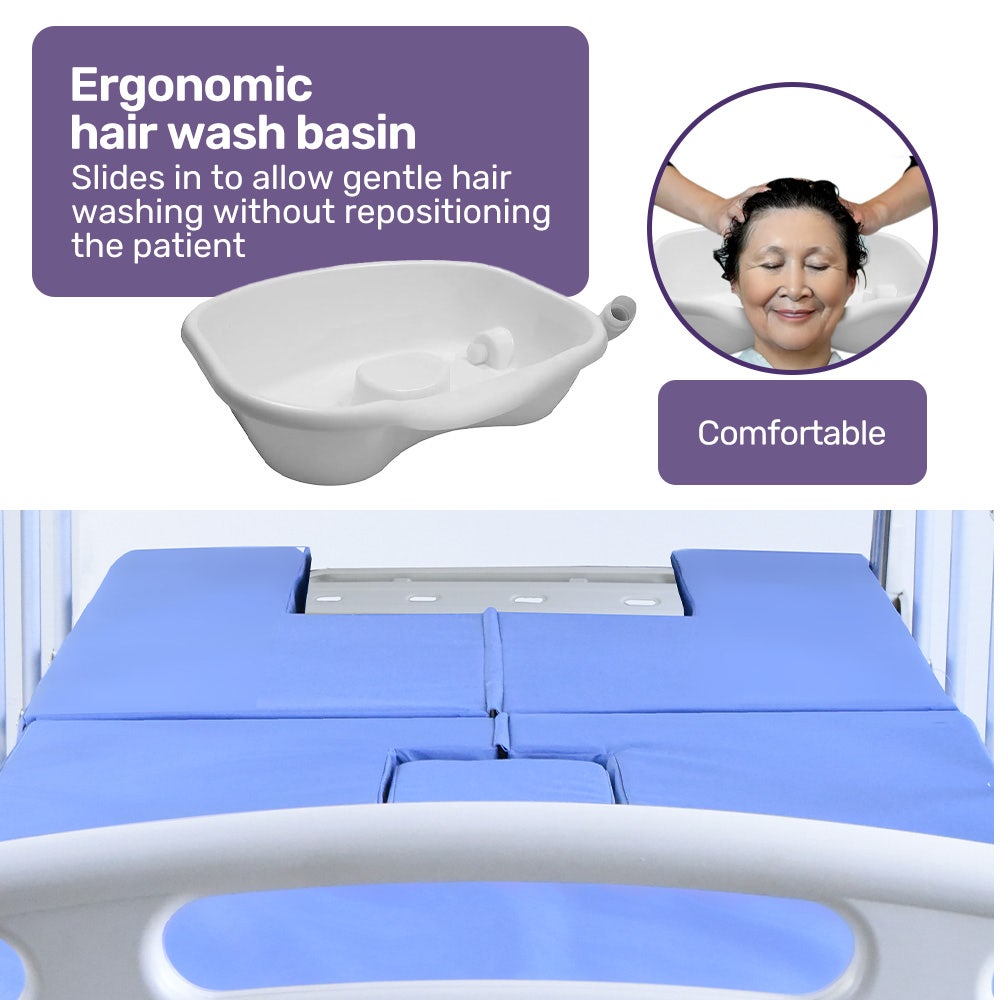 EQUIPMED 7 Function Medical Bed, w/ Mattress & Over Bed Table, Adjustable Back and Leg Lifting, Lateral Tilting, Commode Bowl, IV Pole