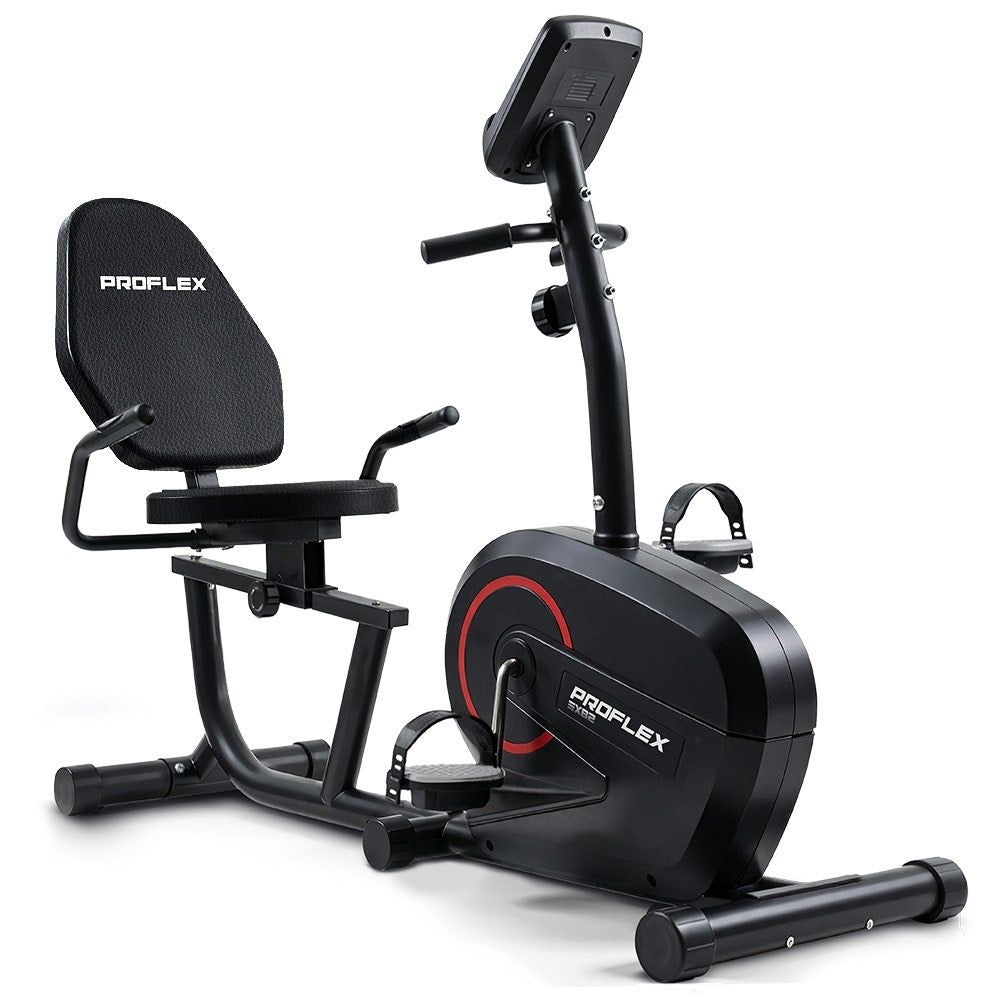 Hlpmedical PROFLEX magnetic recumbent exercise bike with LCD display, heart rate sensors, adjustable seat, and 8 resistance levels.