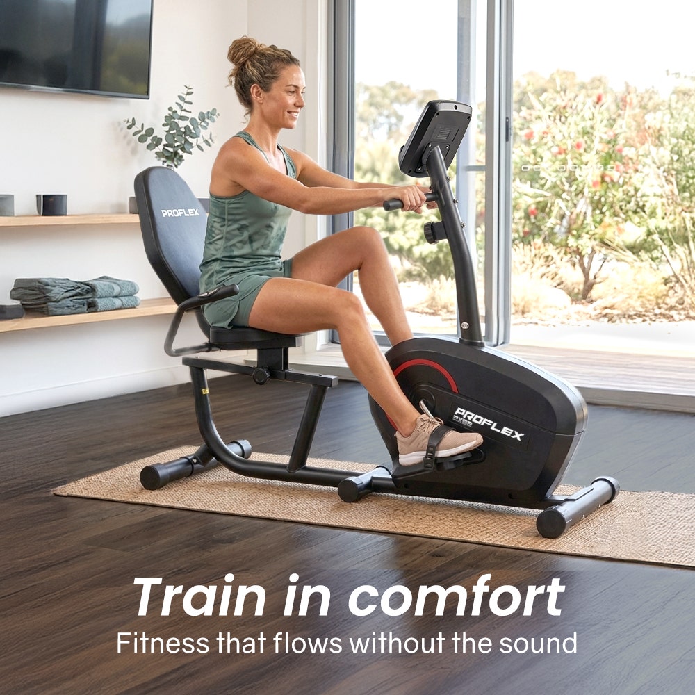 Hlpmedical Proflex magnetic recumbent exercise bike with LCD display, heart rate sensors, adjustable seat, and 8 resistance levels.