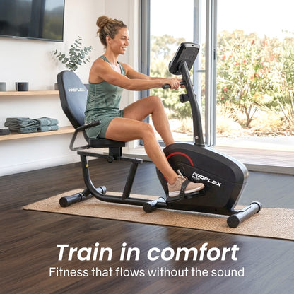 Hlpmedical Proflex magnetic recumbent exercise bike with LCD display, heart rate sensors, adjustable seat, and 8 resistance levels.