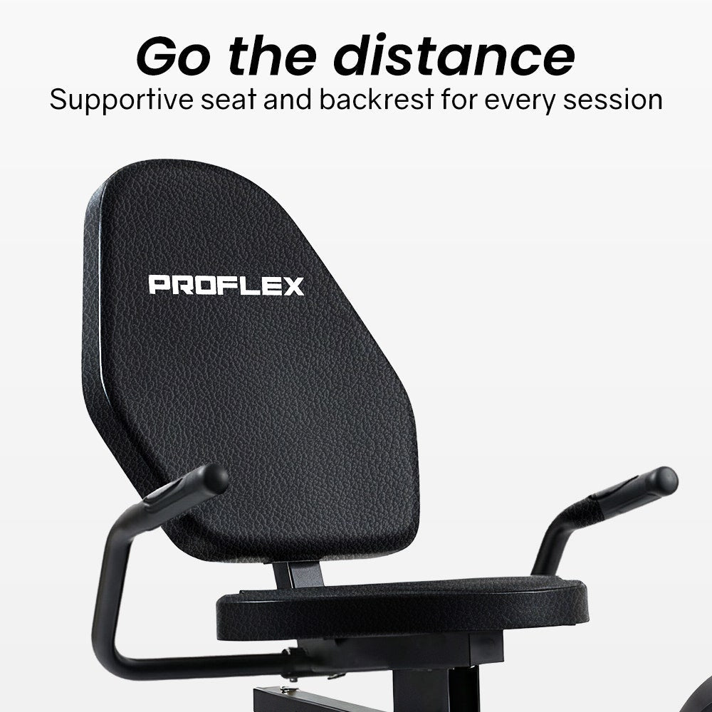 Hlpmedical PROFLEX magnetic recumbent exercise bike with LCD display, adjustable seat, heart rate sensors, and 8-level resistance.