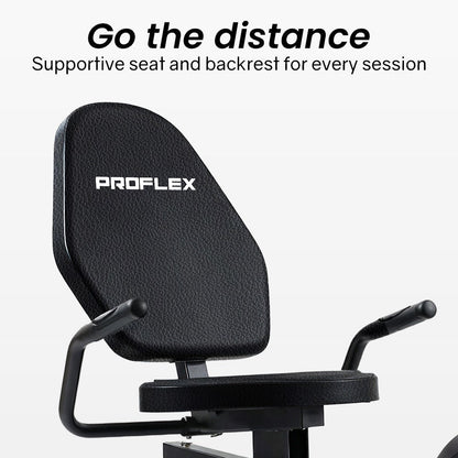 Hlpmedical PROFLEX magnetic recumbent exercise bike with LCD display, adjustable seat, heart rate sensors, and 8-level resistance.