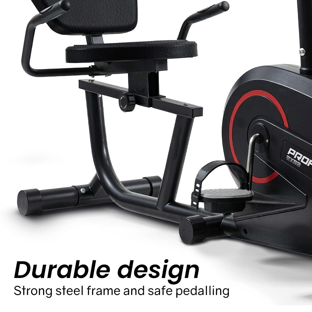 Hlpmedical PROFLEX magnetic recumbent exercise bike with LCD display, heart rate sensors, adjustable seat, and 8 resistance levels.