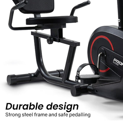 Hlpmedical PROFLEX magnetic recumbent exercise bike with LCD display, heart rate sensors, adjustable seat, and 8 resistance levels.