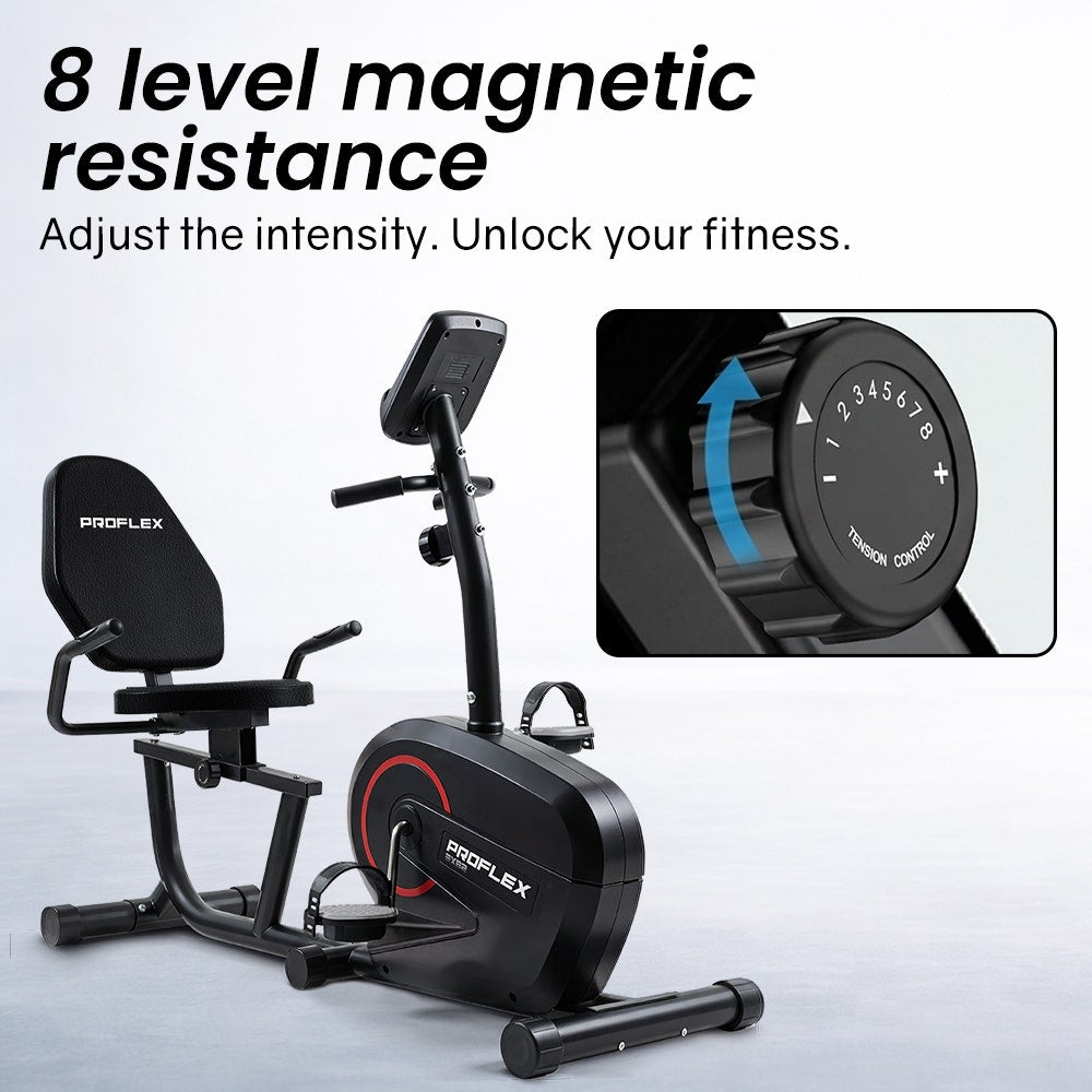Hlpmedical PROFLEX magnetic recumbent exercise bike with LCD display, heart rate sensors, adjustable seat, and 8 resistance levels.
