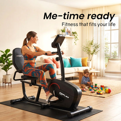 Hlpmedical PROFLEX magnetic recumbent exercise bike with LCD display, adjustable seat, heart rate sensors, and 8 resistance levels