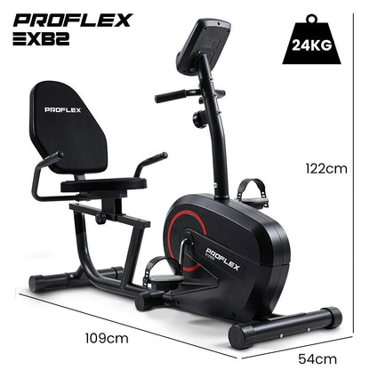 Hlpmedical PROFLEX magnetic recumbent exercise bike with LCD display, heart rate sensors, adjustable seat, and 8 resistance levels.