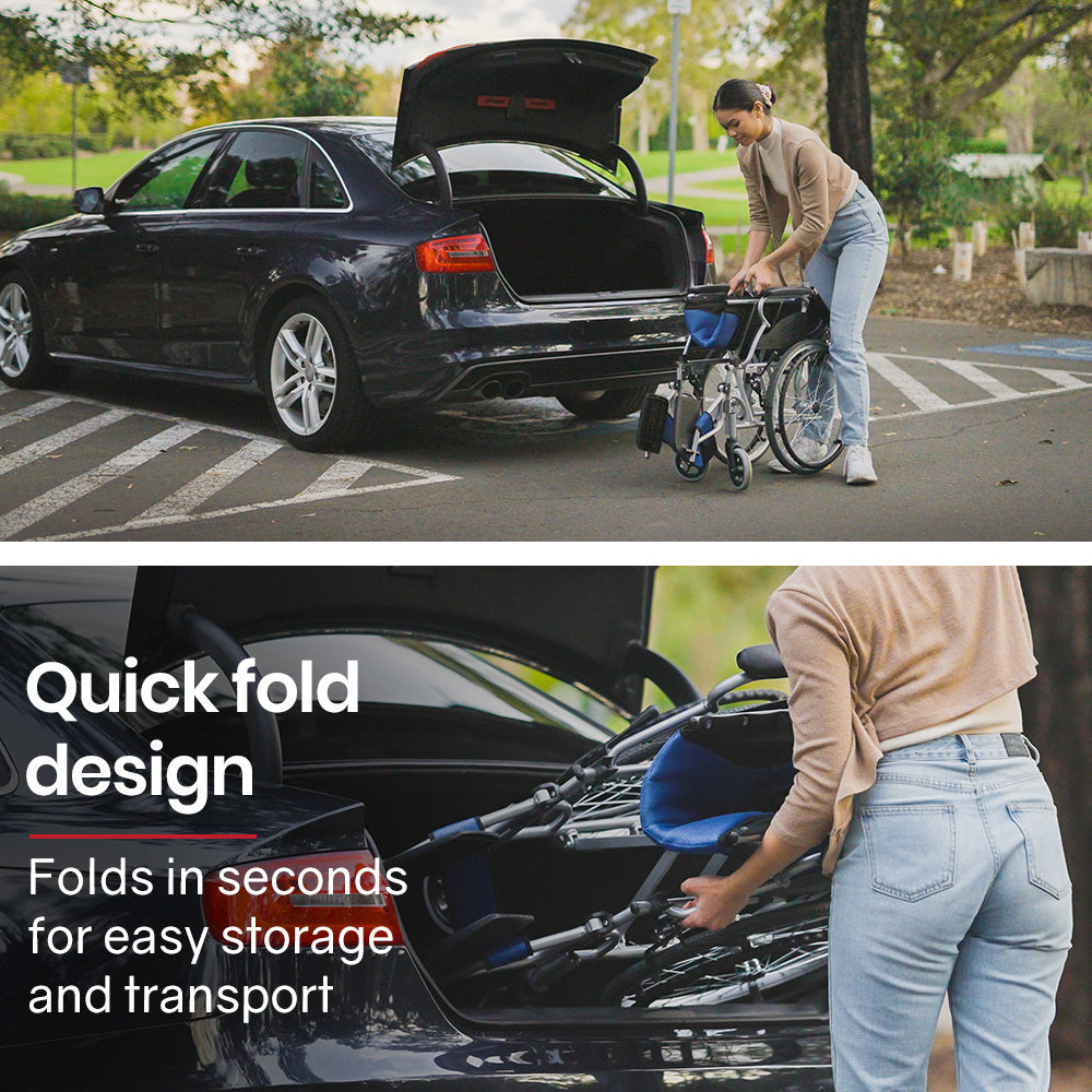 EQUIPMED Folding Aluminium Wheelchair, 20" Wheels, Park Brakes, 100kg Capacity, Blue