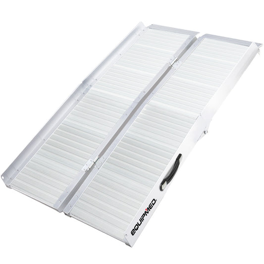 Silver EQUIPMED 123cm portable folding aluminium access ramp for wheelchairs and mobility scooters, rated for 272kg.