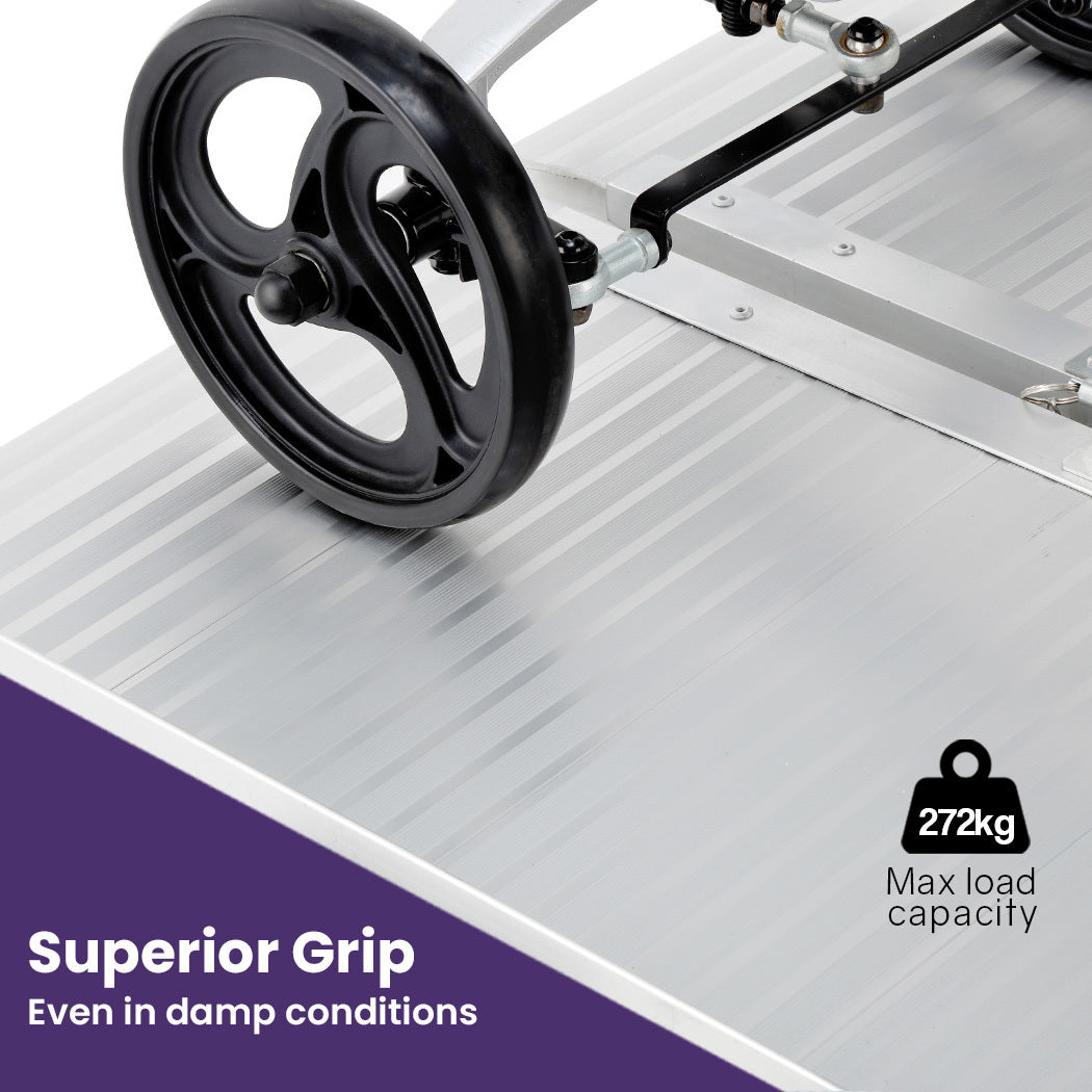 Hlpmedical EQUIPMED 123cm silver portable aluminum access ramp for wheelchair and mobility scooter, rated for 272kg, foldable and lightweight.