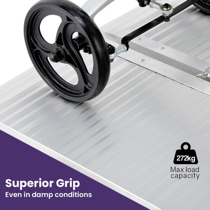Hlpmedical EQUIPMED 123cm silver portable aluminum access ramp for wheelchair and mobility scooter, rated for 272kg, foldable and lightweight.