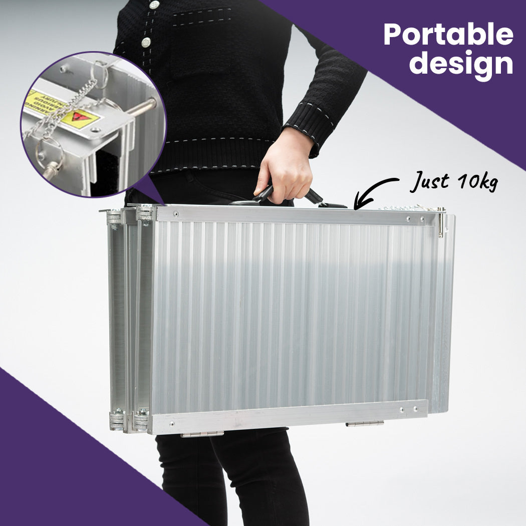 Silver EQUIPMED 123cm portable folding aluminium access ramp for wheelchair and mobility scooter, rated for 272kg.