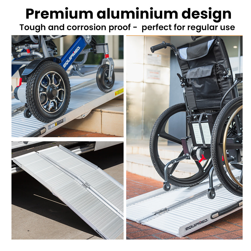 Silver EQUIPMED 123cm portable aluminum folding access ramp for wheelchair and mobility scooter, rated for 272kg.