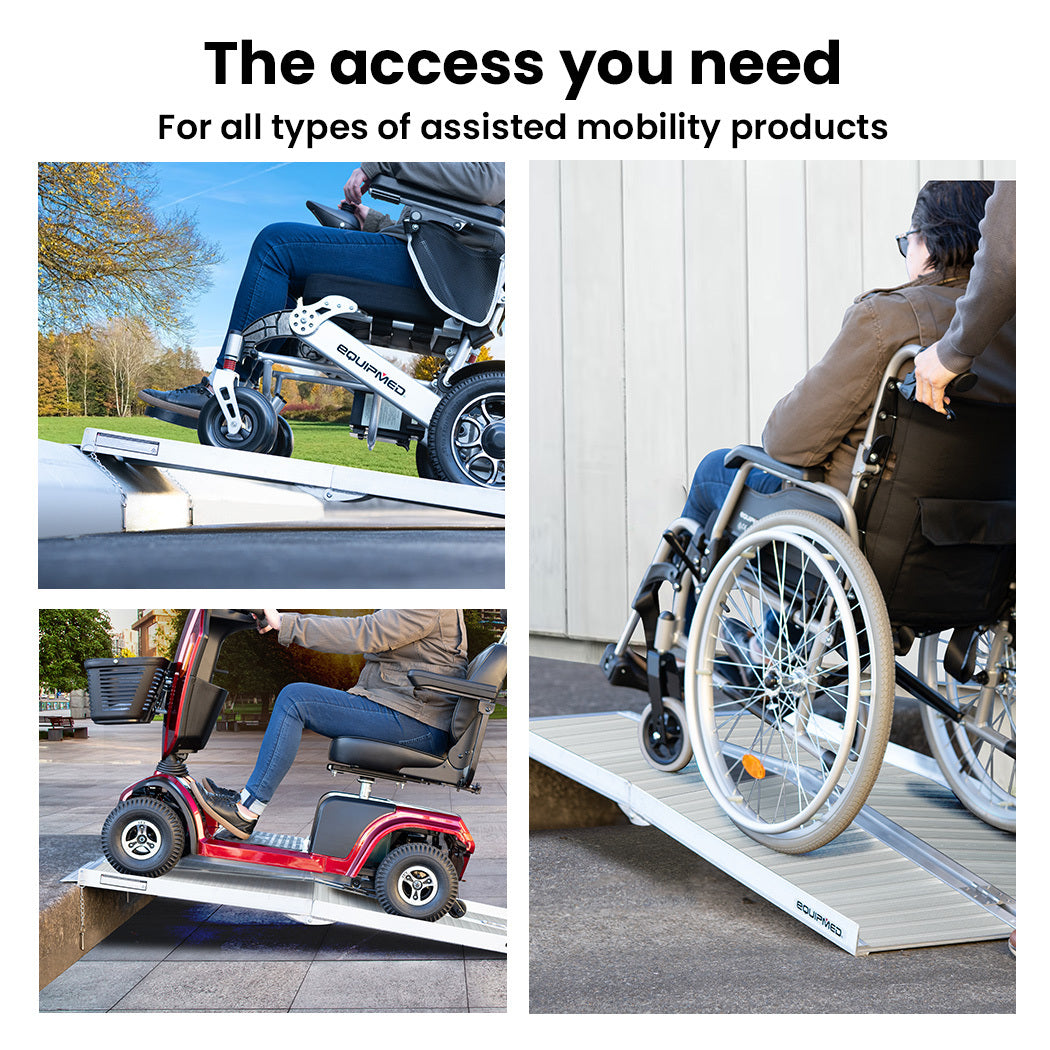 Hlpmedical EQUIPMED 123cm silver aluminum portable folding wheelchair access ramp with 272kg weight capacity, for mobility scooters and wheelchairs
