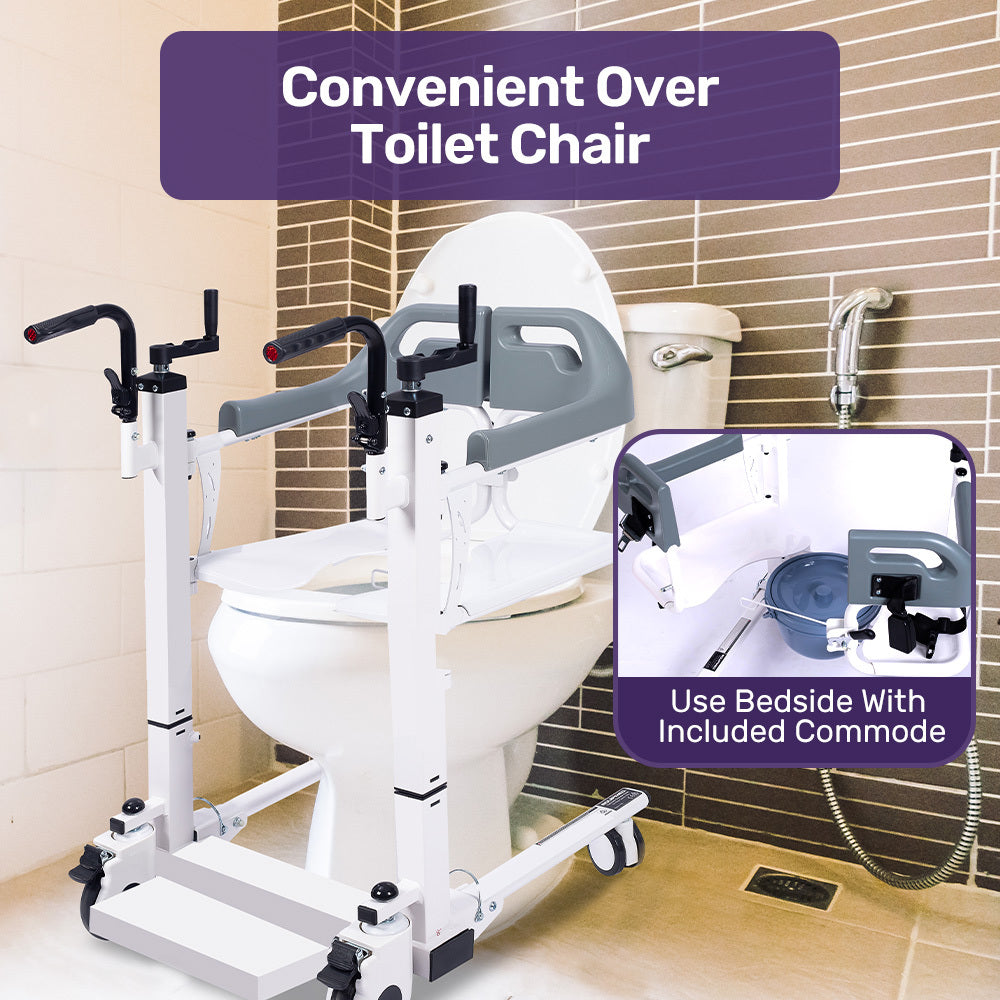 EQUIPMED 4in1 Patient Lift Transfer Chair, Manual Height Adjustment, Shower Compatible, Over Toilet, Removable Commode, for Seniors Elderly Disabled