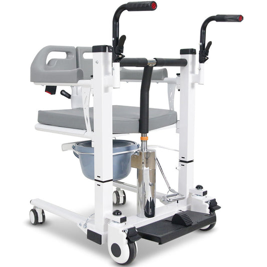 Equipmed Patient Lift Transfer Chair by Hlpmedical with hydraulic height adjustment, shower compatible, over toilet, and removable commode.