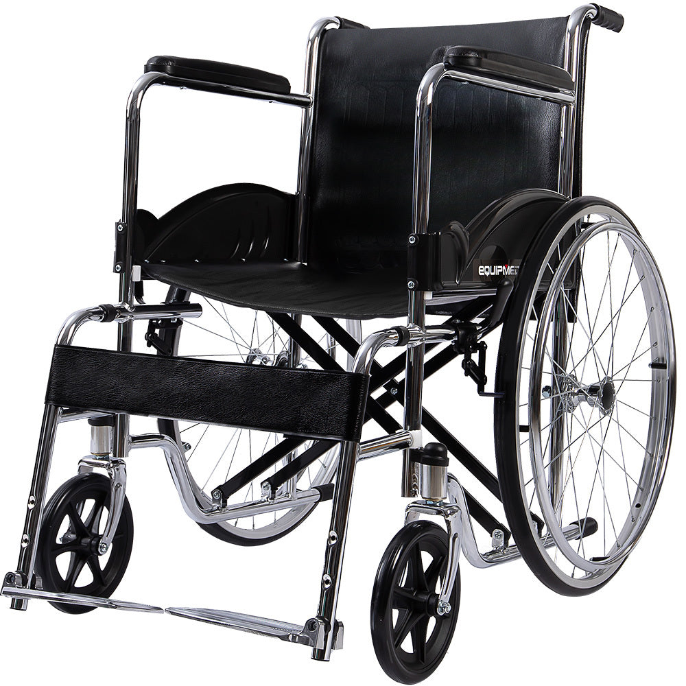 Hlpmedical Equipmed folding manual wheelchair with 24-inch rear wheels, chrome steel frame, 46cm seat, and park brakes.