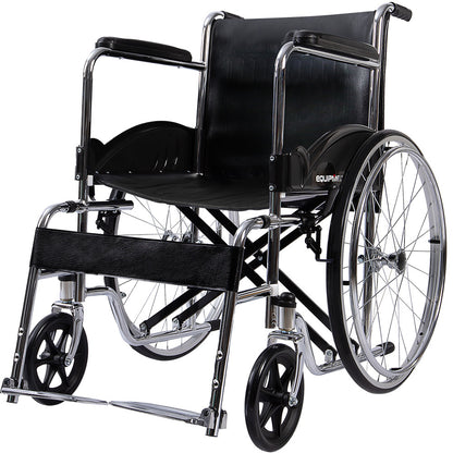 Hlpmedical Equipmed folding manual wheelchair with 24-inch rear wheels, chrome steel frame, 46cm seat, and park brakes.