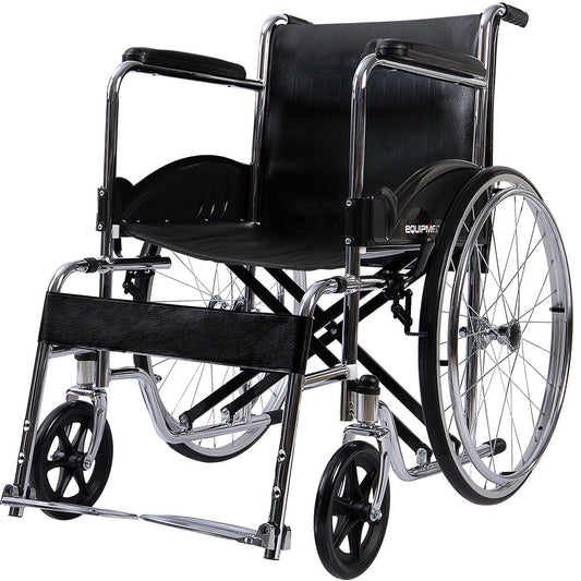 Hlpmedical Equipmed folding manual wheelchair with 24-inch rear wheels, chrome steel frame, 46cm seat, and park brakes.