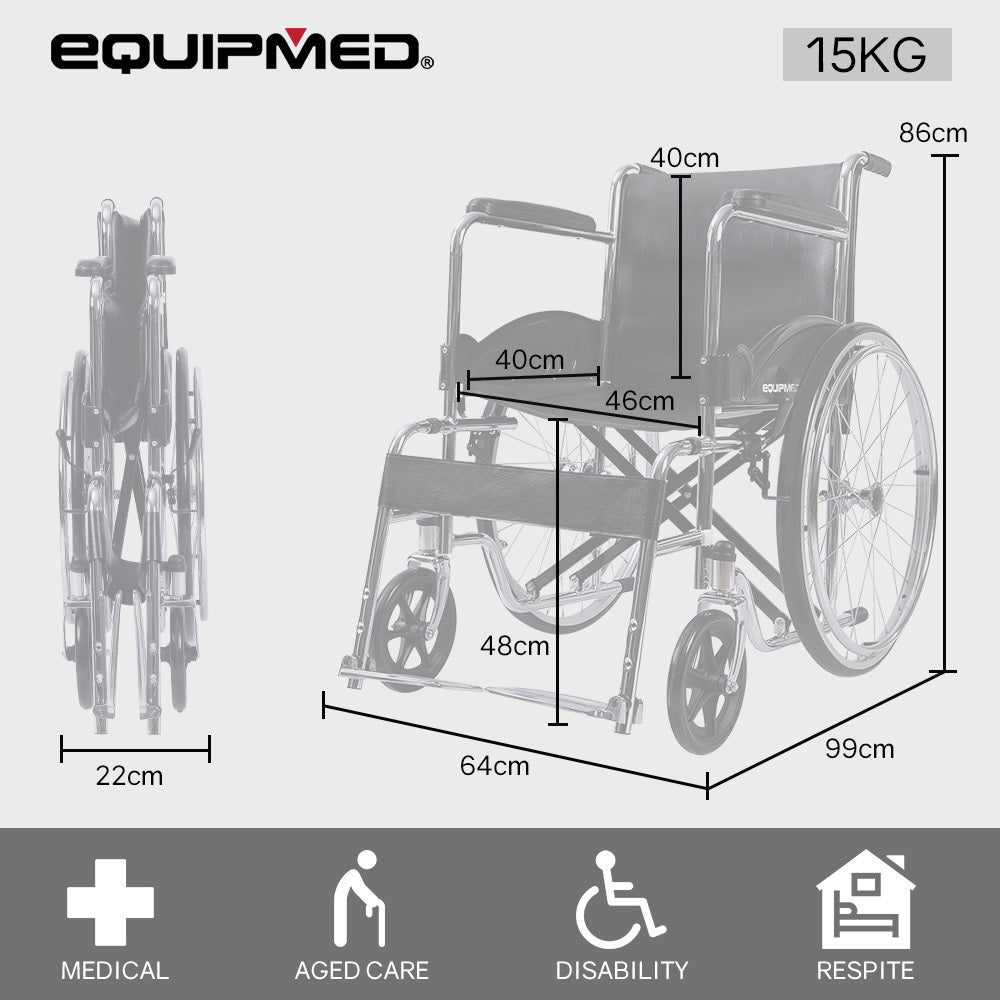 Hlpmedical Equipmed folding manual wheelchair with 24-inch rear wheels, chrome steel frame, 46cm seat width, and park brakes.