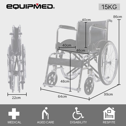 Hlpmedical Equipmed folding manual wheelchair with 24-inch rear wheels, chrome steel frame, 46cm seat width, and park brakes.