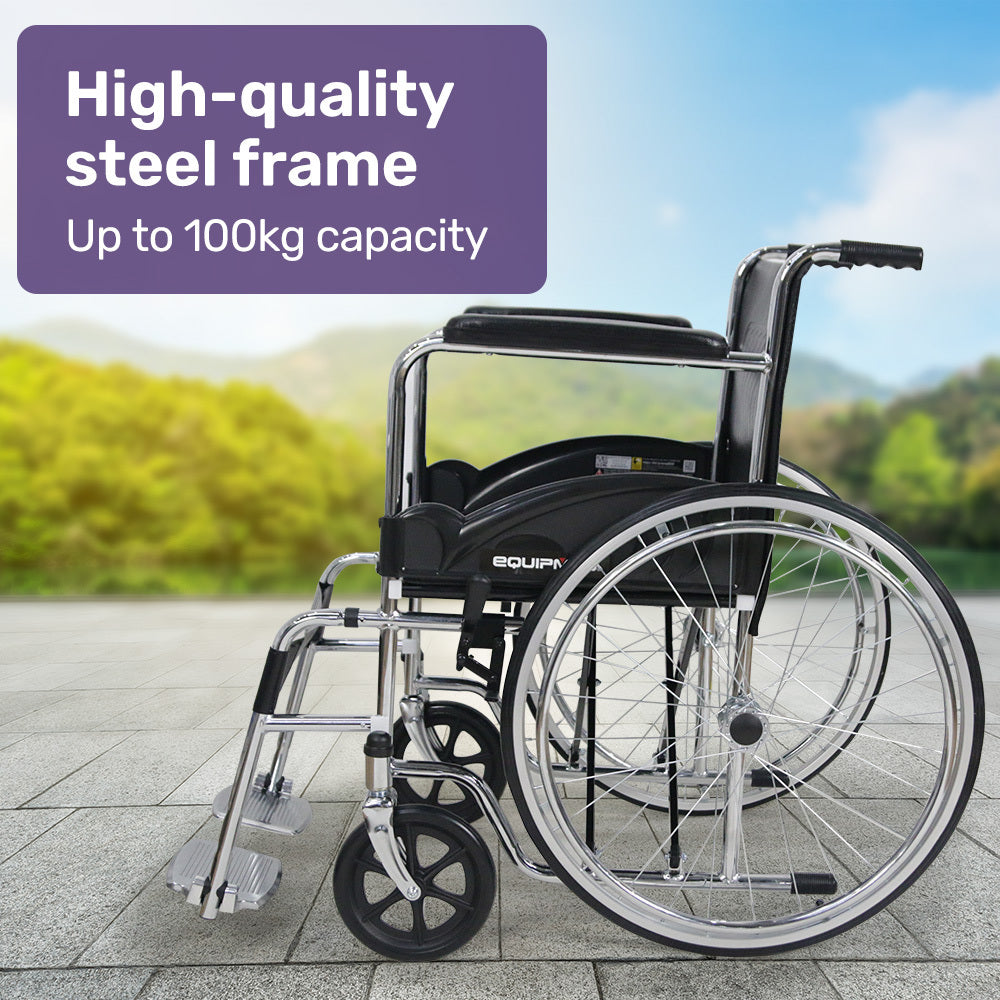 Hlpmedical Equipmed folding manual wheelchair with chrome steel frame, 24-inch rear wheels, 46cm seat, self-propelled, with park brakes