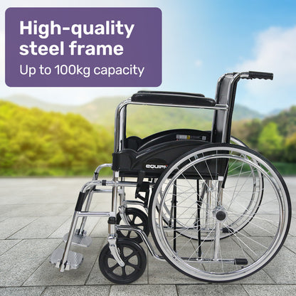 Hlpmedical Equipmed folding manual wheelchair with chrome steel frame, 24-inch rear wheels, 46cm seat, self-propelled, with park brakes