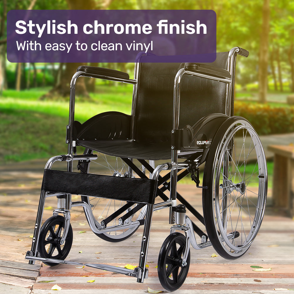 Hlpmedical Equipmed folding manual wheelchair with chrome steel frame, 24-inch rear wheels, 46cm wide seat, and park brakes.
