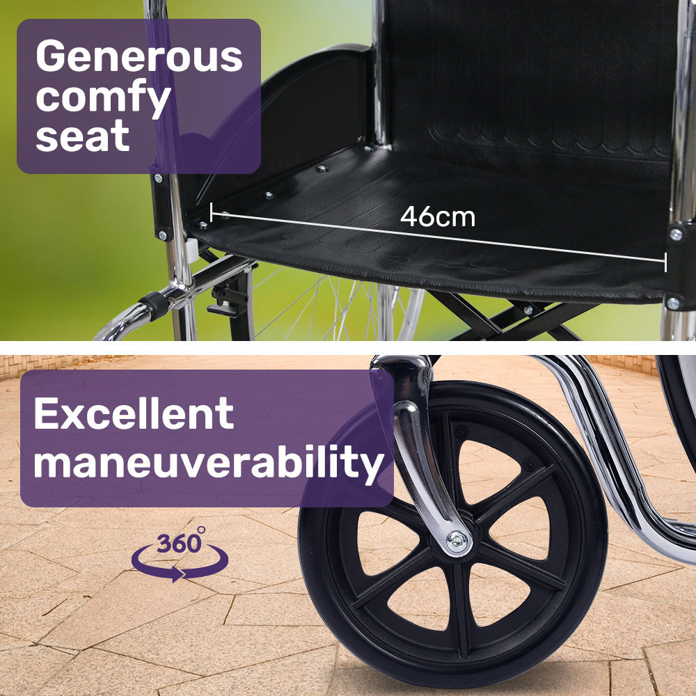 Equipmed folding manual wheelchair with 24-inch rear wheels, chrome steel frame, 46cm seat, self-propelled, with park brakes.