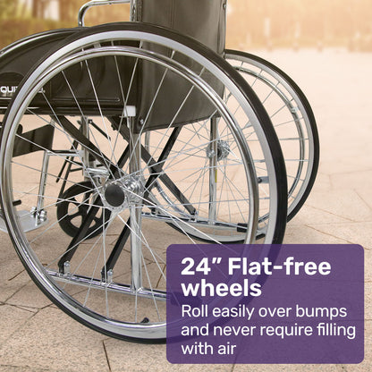 Hlpmedical Equipmed folding manual wheelchair with 24-inch rear wheels, chrome steel frame, 46cm seat, and park brakes.