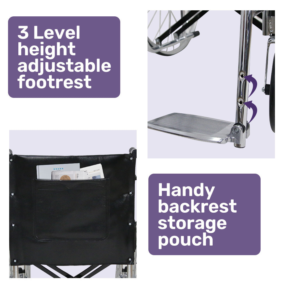 Hlpmedical Equipmed folding manual wheelchair with 24-inch rear wheels, chrome steel frame, 46cm seat, and park brakes.
