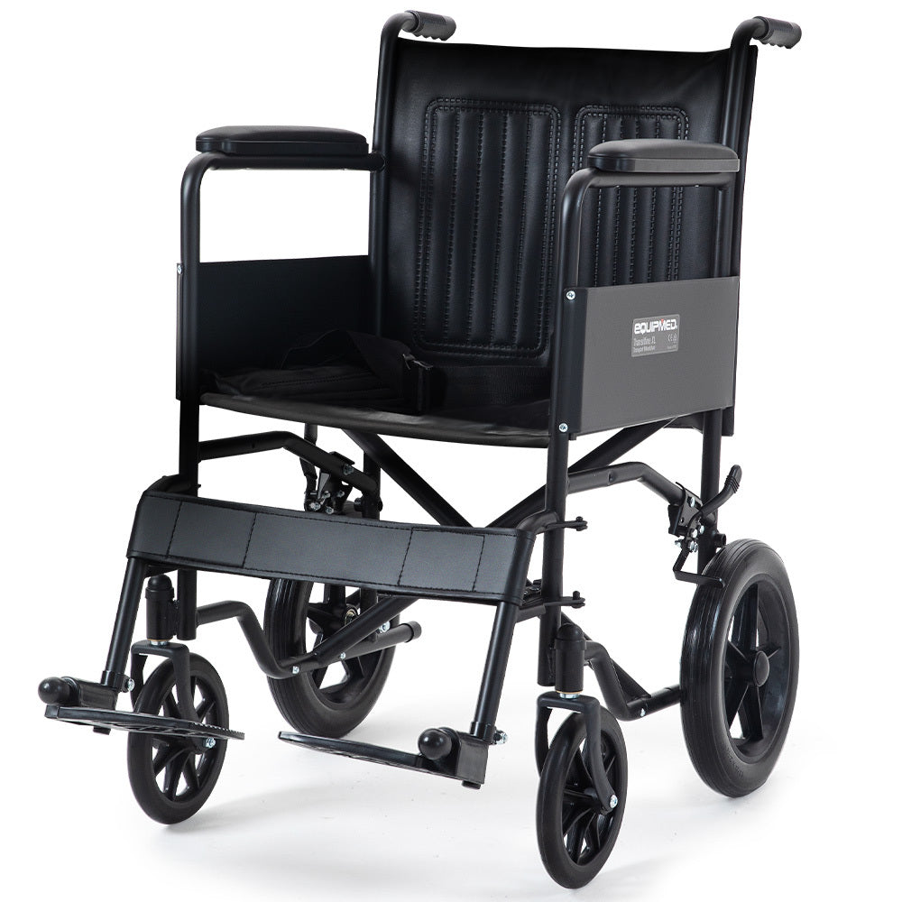 Hlpmedical EQUIPMED folding transit manual wheelchair with steel frame, wide seat, park brakes, suitable for S-XL users, 114kg capacity