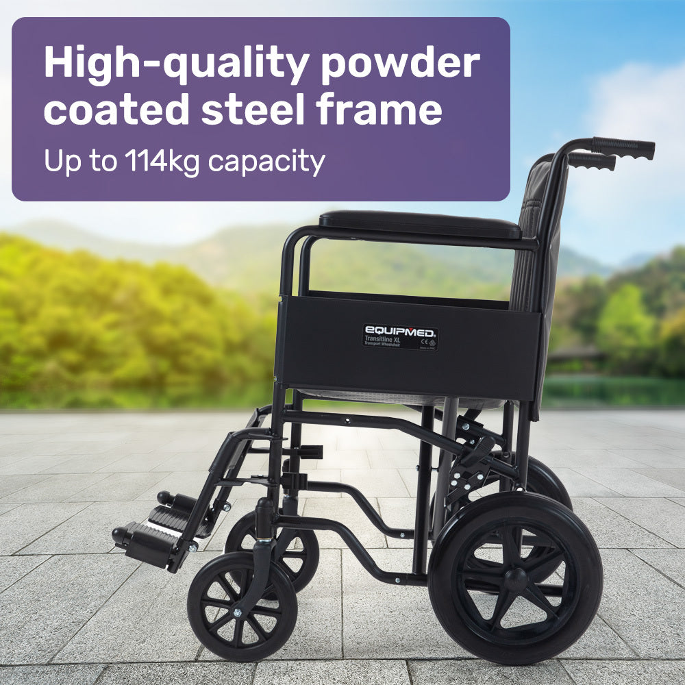 Hlpmedical EQUIPMED folding transit manual wheelchair with steel frame, wide seat, park brakes, suited for S-XL users, 114kg capacity.