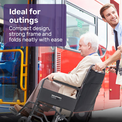 Hlpmedical EQUIPMED folding transit manual wheelchair with steel frame, wide seat, park brakes, suitable for S-XL users.